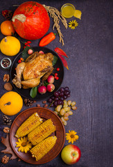 Chicken or turkey, autumn fruits and vegetables: corn, pumpkin, paprika, apples. Cranberry sauce, wheat. Thanksgiving food concept. Harvest or Thanksgiving background. View from above, top studio shot