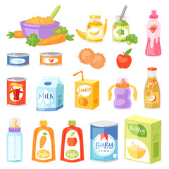 Baby food vector child healthy nutrition fresh juice with fruits and vegetable mashed puree for childcare health illustration childish set of carrot or apple and milk isolated on white background - 225431918