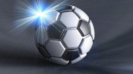 Soccer ball with flash light under black background. 3D illustration. 3D high quality rendering.