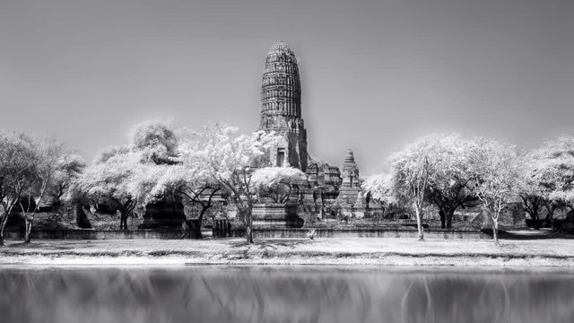 Cinemagraph of Ayuttaya ruins in Thailand done in black and white infrared.