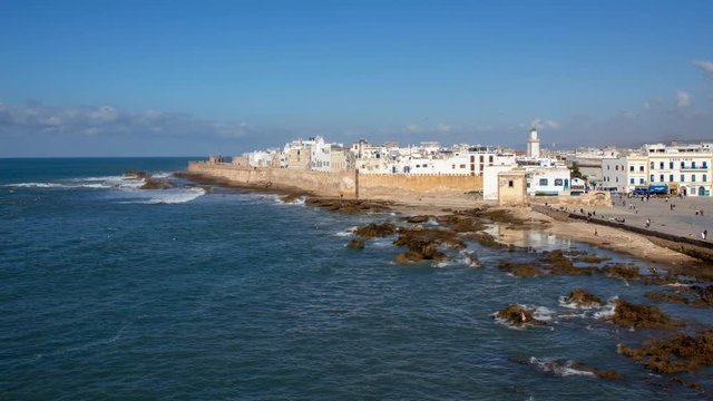 Cinemagraph of the fortress like city of Essouira Morocco, with water and sky movement.