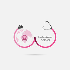 Stethoscope and Breast icon.World Breast Cancer October Awareness Month Campaign banner.Women health concept.Breast cancer awareness month logo design.