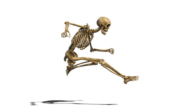 Funny skeleton doing long jump, human skeleton exercising on white background, 3D rendering