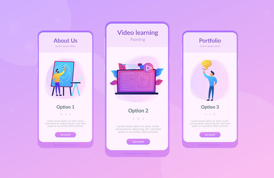 A man with easel before screen with video learning how to draw a portrait. Education video, modern teaching tool and interactive learning concept. Violet palette. App interface template.