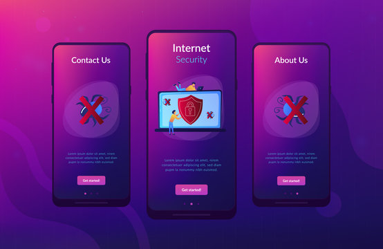A man before laptop with shield and lock on the screen. Anti virus software, anti-malware, spyware, trojan, adware as internet security concept. Violet palette.App interface template.