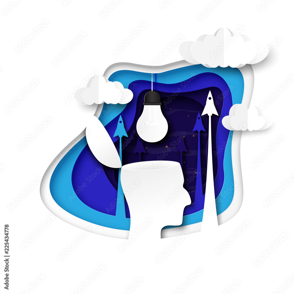 Poster Creative idea concept with open head and light bulb paper art abstract background.Vector illustration.