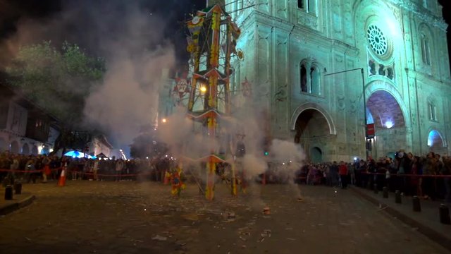 Cuenca, Ecuador / June 2, 2018 - Fireworks Castle - Slow Motion - Rockets Fire Out of Canisters