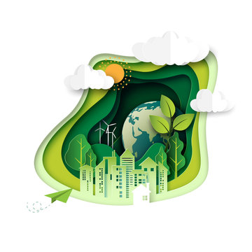 Green earth of ecology and environment concept with urban city and nature landscape paper art abstract background.Vector illustration.