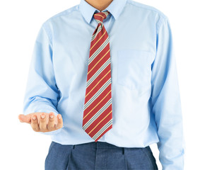 Male wearing blue shirt reaching hand out with clipping path