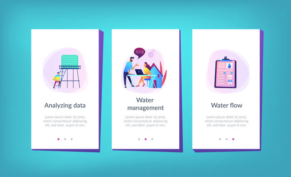 People Near Huge Paper Tablet With Report Of Water Flow And Checkboxes Analyzing Data. Water Management, Ecology, IoT And Smart City Concept, Violet Palette. UI UX GUI App Interface Template.