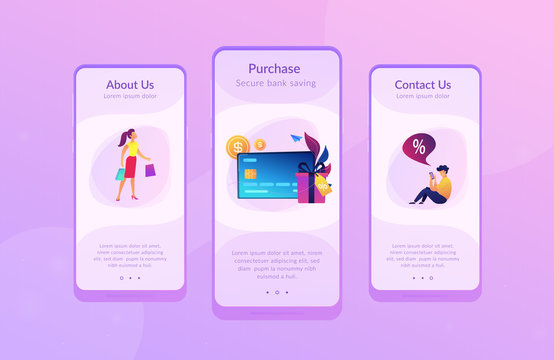 Debit card, gift box and users. Online card payment and plastic money, bank card purchase and shopping, e-commerce and secure bank saving concept, violet palette. UI UX GUI app interface template.