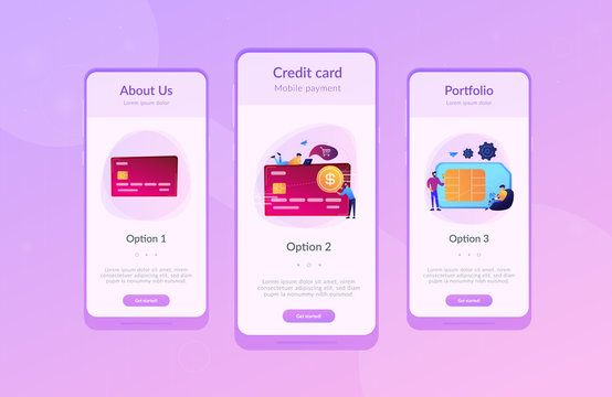 Credit card with dollar coin and users. E-commerce and online shopping, financial operations and plastic card, mobile payment and banking concept, violet palette. UI UX GUI app interface template.
