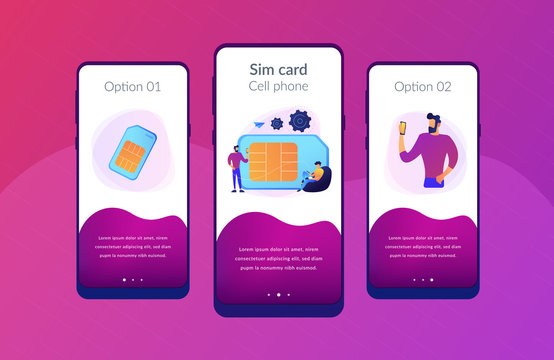 Mobile Sim Phone Card And Users With Smartphones. Mobile Phone Network, Smartphone Plastic Card And Microchip, Wireless Cellphone Communication Concept, Violet Palette. UI UX GUI App Interface