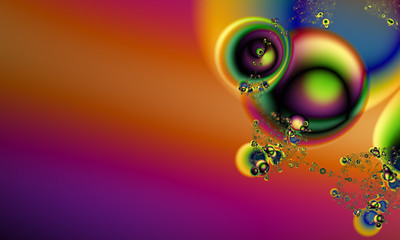 Abstract digital artwork. The play of light and color in drops of liquid on a blurred background. Fractal graphics technology.