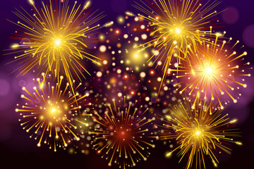 Fototapeta na wymiar Festive Colorful fireworks on black background. Set of Vector realistic fireworks illustration.