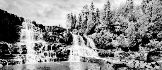 Photo sur Aluminium Noir et blanc Cascades noires et blanches, cascade dans le paysage forestier longue exposition,