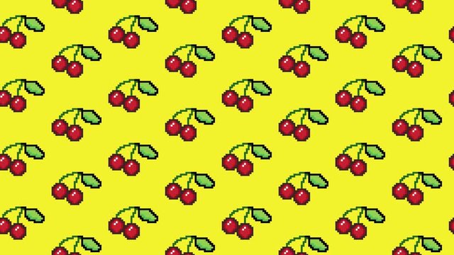 A horizontal scrolling endless pattern: red cherries in pixel art style, yellow background.
