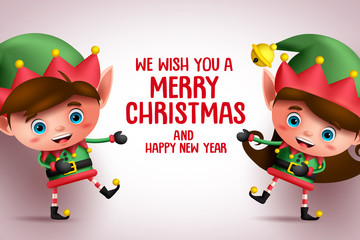 Christmas kid elves vector characters showing merry christmas greeting text in white background. Vector illustration banner template.
