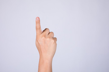 Hand with index finger on a white background