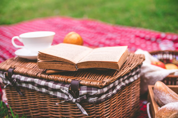 Summer picnic with book and food on wicker basket in the park.
