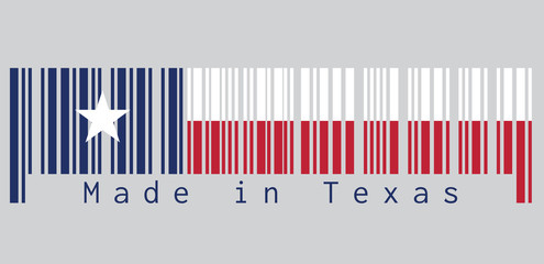 Barcode set the color of Texas flag, blue containing a single centered white star. The remaining field is divided horizontally into a white and red bar. text: Made in Texas.