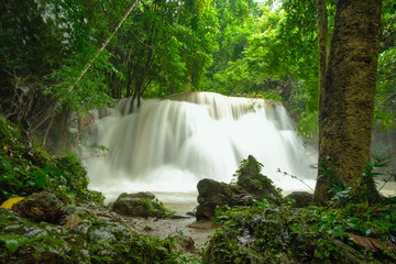 Huai Mae Khamin waterfall in the rainy season with turbid water,Thailand