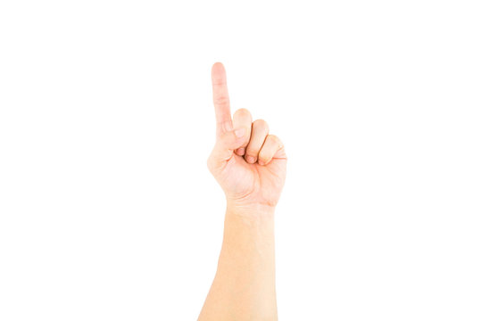Asian male hand showing one finger  on white background.
