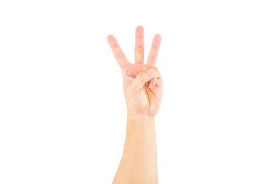 Asian male hand showing three fingers  on white background.