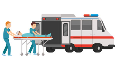 Male and female paramedic enter the patient into the ambulance © sisti