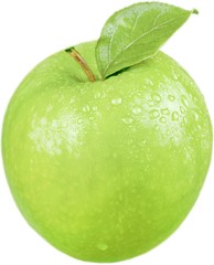Green Apple With Leaf And Water Drops - Isolated