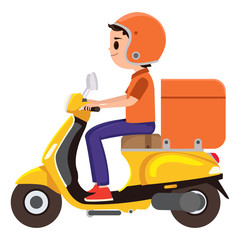 A young Boy riding an orange delivery scooter