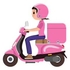 Foto op Plexiglas A girl riding a pink delivery scooter © sisti