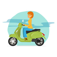 Fototapeta na wymiar young women riding green scooter motorcycle