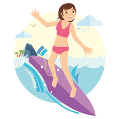 Young Girl surfing on the waves