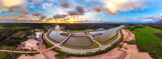 Aerial view of Khlong Phakdi Rampai River at Chanthaburi River at sunset time.