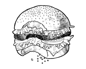 Bitten burger. Tasty burger.  Hand drawn food illustration. Fast food,junk food. Food vector picture isolated on white background.Vector illustration in sketch style. Hand drawn design elements.