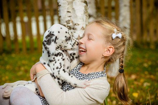 Little dog with happy owner spend a day at the park playing and having fun.Funny photo of laughing girl,she hugging and playing with beautiful Dalmatian puppy. Positive emotions of children fun games