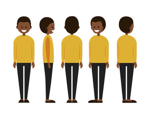Front, side, back view animated character. Set with various views. Cartoon style, flat vector illustration of smiling boy with short hair in official clothes. Worker in a shirt with a tie