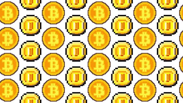 A horizontal scrolling endless pattern: golden coins and bitcoins in pixel art style.
