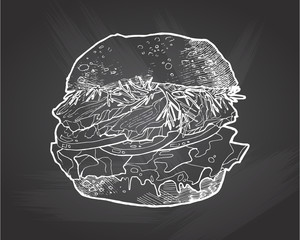 illustration of a burger . Hand drawn food illustration. Fast food,junk food. Food vector picture isolated onchalkboard background.Vector illustration in sketch style. Hand drawn design elements.
