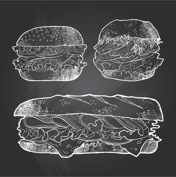 illustration of sandwich burger set. Hand drawn food picture. Fast food,junk food. Food vector  isolated on chalkboard background.Vector illustration in sketch style. Hand drawn design elements.