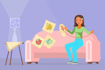 Young girl embroidering vector illustration in flat style