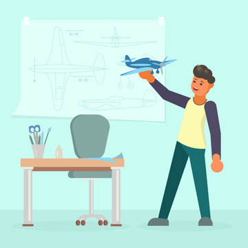 Man making model of airplane vector flat illustration