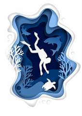 Underwater scuba diving vector paper cut illustration