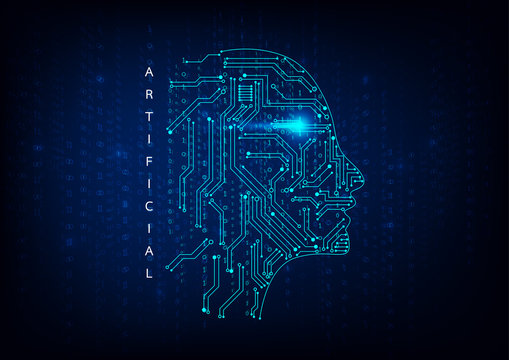 Artificial intelligence. Abstract geometric Human head outline with circuit board. Technology and engineering concept background. Vector illustration
