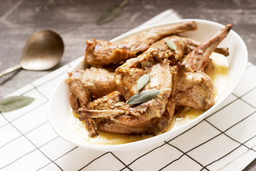 Rabbit stew in a sauce of wine and cream with the addition of mustard, garlic, thyme and sage.