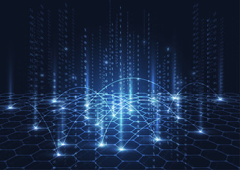 Abstract falling binary code in the matrix technology blue hexagons pattern background for Network connection concept with mesh dots and lines innovation. Vector illustration
