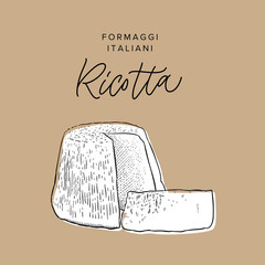 traditional Italian ricotta cheese vintage engraving illustration with its name calligraphy on craft paper background