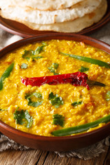 Indian popular food Dal Tadka Curry served with roti flatbread close-up. Vertical