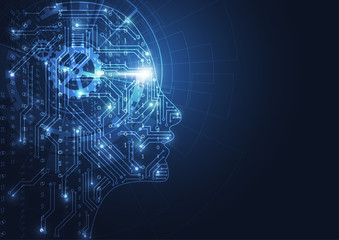 Artificial intelligence. Abstract geometric Human head outline with circuit board. Technology and engineering concept background. Vector illustration